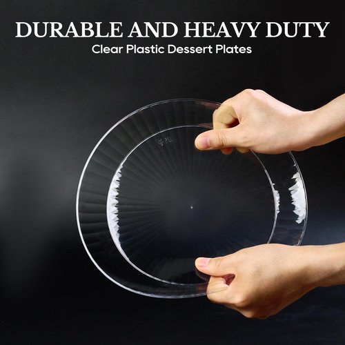 FOCUSLINE 100 Count Clear Plastic Plates 7 Inch, Disposable Heavy Duty Salad Dessert Plates- Premium Hard Plastic Plate Fancy Disposable Clear Plate for Weddings, Parties and Events