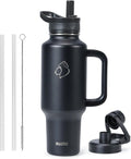 BUZIO Insulated Water Bottle - 40oz Metal Travel Tumbler with Handle & Flip Straw | Leakproof & Dishwasher Safe, Black