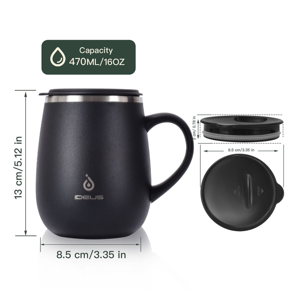 Ideus 16 oz Insulated Coffee Mug with Handle and Lid, Double Wall Stainless Steel Vacuum Thermal Coffee Mug, Travel Coffee Cup Thermal Cup for Home and Office, Storm Black