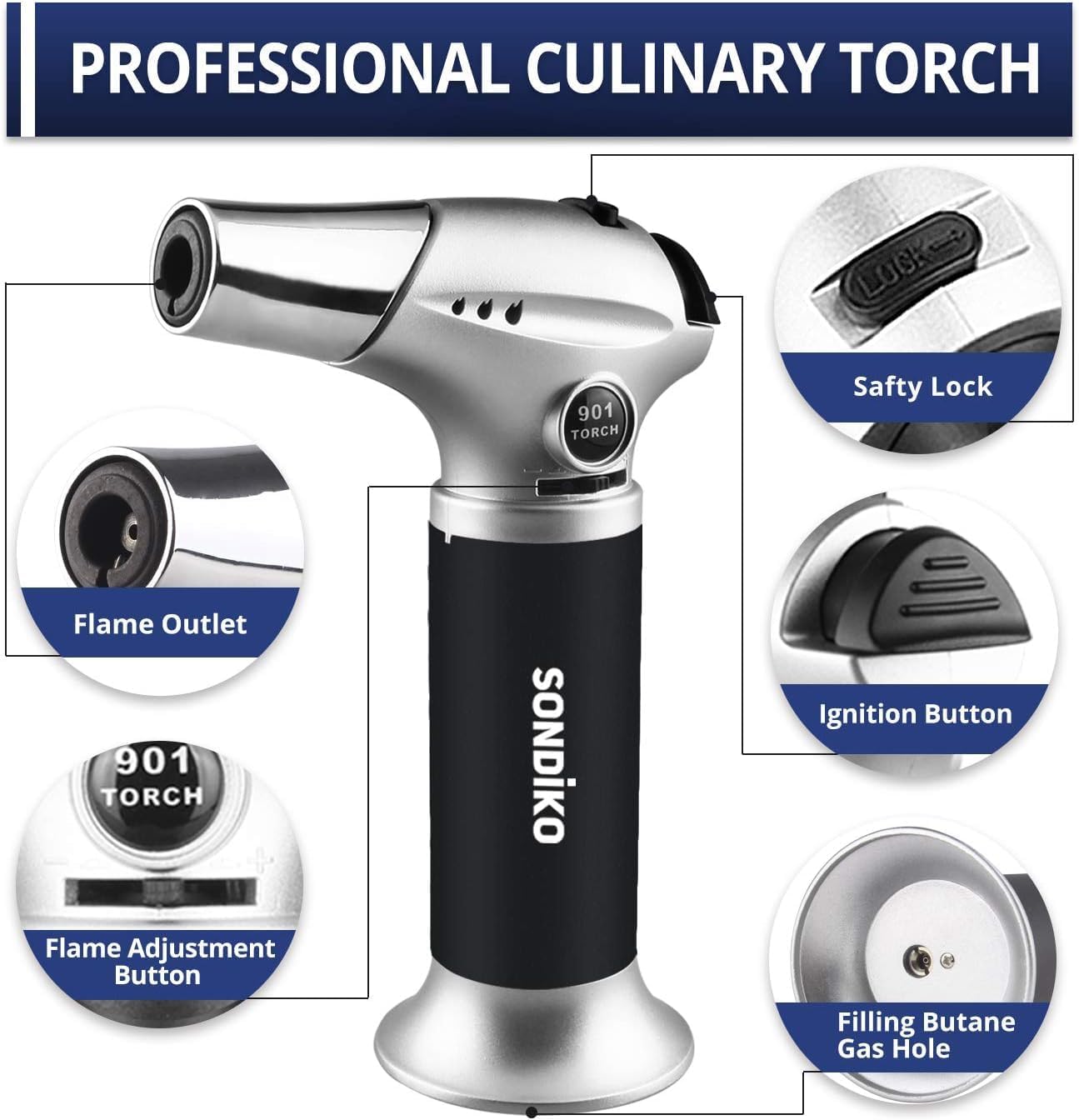 Sondiko Butane Torch - Premium Refillable Kitchen Torch Kit with Fuel Refill for Cooking & Soldering