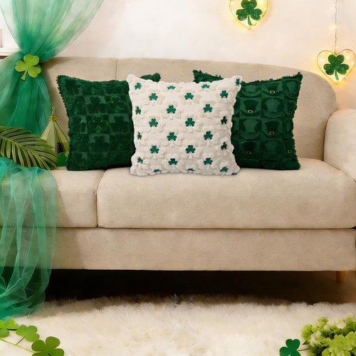 Heirloom Haven St Patrick’s Day Pillow Covers Set of 2, Beige Shamrock Green Embroidery Irish Soft Plush Faux Fur Jacquard Embroider Decorative Holiday Farmhouse Cushion Case for Sofa 18 x 18 Inch