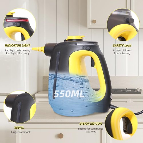 Handheld Steam Cleaner with 9 pcs Accessories Multi Surface Steam Cleaner for Home 530ml Natural Multi Purpose Steamer for Cleaning Grime, Grease，Floor, Upholstery, Grout and Car
