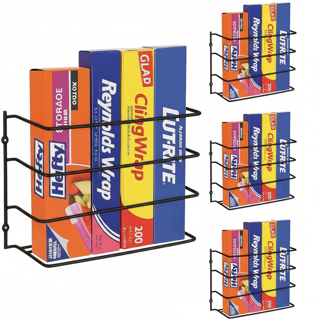 Evelots Kitchen Wrap Organizer - 4 Pack - Hold up to 4 Plastic, Foil, Paper, Wax - Cabinet Door, Wall Rack Basket - Sandwich, Freezer, Food Bag Storage - Laundry Supplies - Chrome Finished Metal
