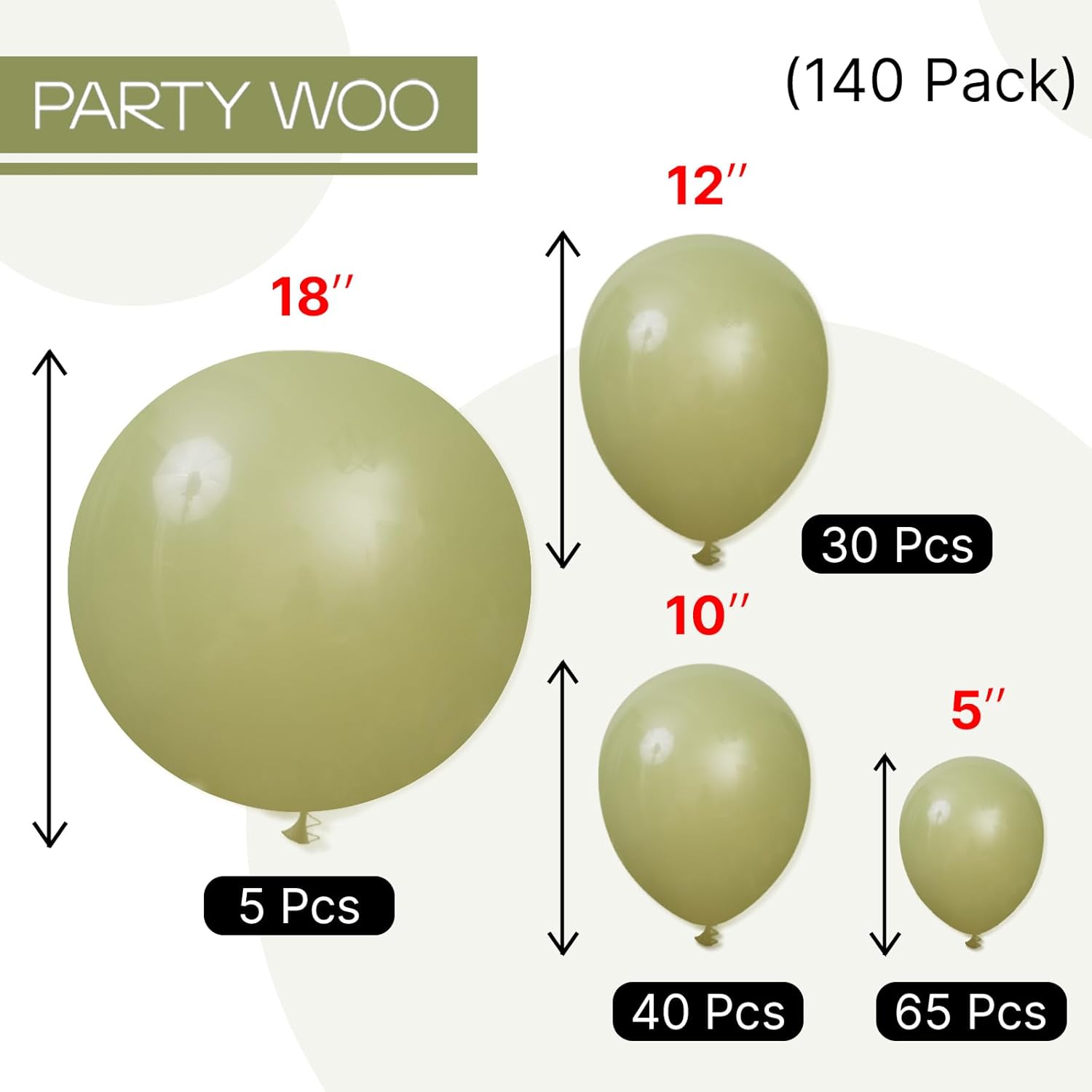 PartyWoo Sage Green Balloons - 140-Piece Latex Balloon Arch Kit | 18", 12", 10", 5" Sizes for Weddings & Birthdays