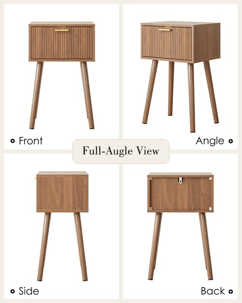 ASACESCU Night Stand Set 2, Walnut Nightstand with Fluted Doors, Small Modern Mid-Century Bedside Table for Bedroom, End Table for Living Room