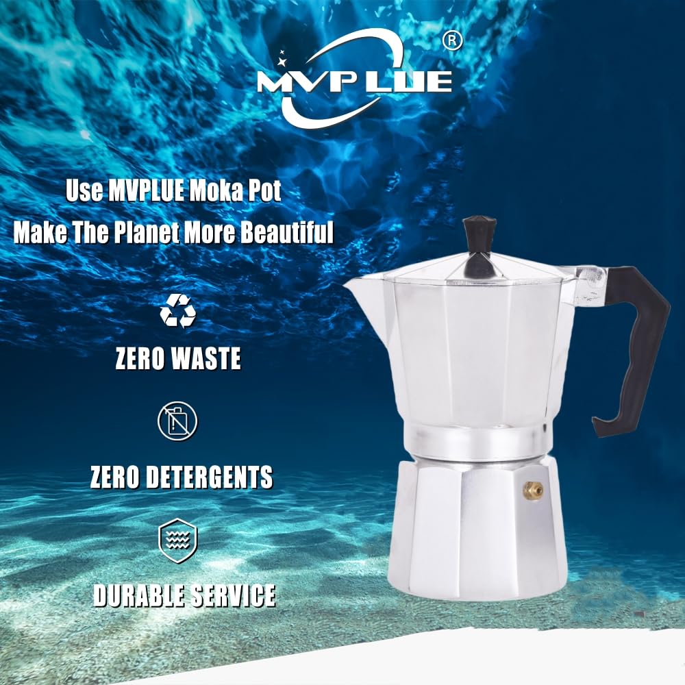 MVPLUE Classic Moka Pot 6 Cup 9 oz，Stovetop Espresso Maker Aluminum Silver，Cuban Coffee Maker， Greca includes Replacement Parts，Perfect Camping Coffee Pot，Make Delicious Coffee Easily at Home