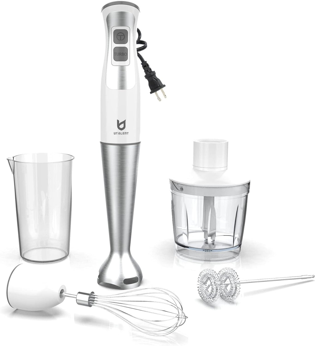 UTALENT Immersion Hand Blender - 5-in-1 8-Speed with 500ml Grinder & 600ml Container - White