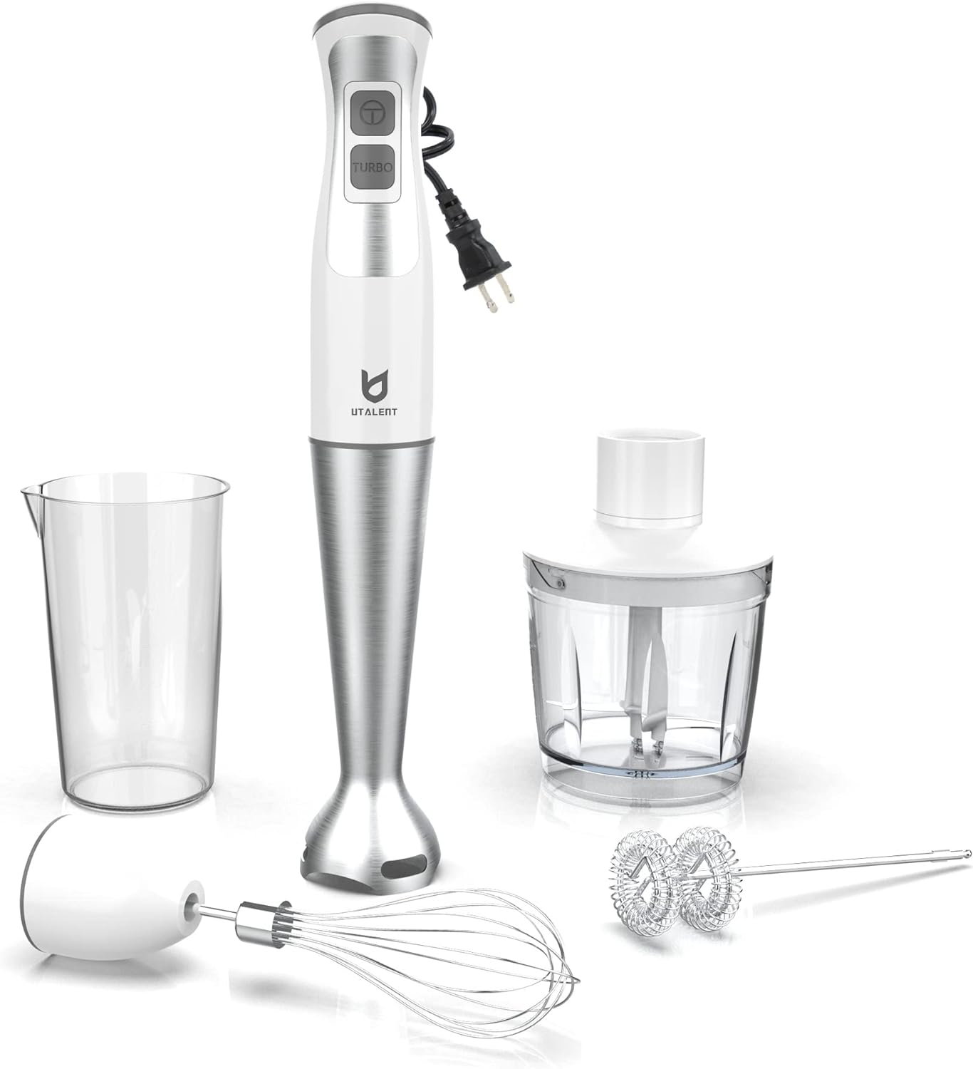 UTALENT Immersion Hand Blender - 5-in-1 8-Speed with 500ml Grinder & 600ml Container - White