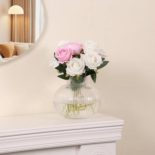YANWE1 Round Glass Vase, Flower Vases for Bouquet, Ribbed Glass Vases for Flowers, Small Clear Vase for Living Room, Office, Coffee Table, Shelf, Wedding, 6 Inches