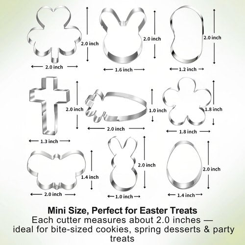 LUBTOSMN 9-Piece Mini Easter Cookie Cutter Set, Shamrock, Bunny, Egg, Carrot, Flower, Butterfly and Bean Shapes - Dishwasher Safe Stainless Steel Molds for Spring Easter and St. Patrick's Day Decor
