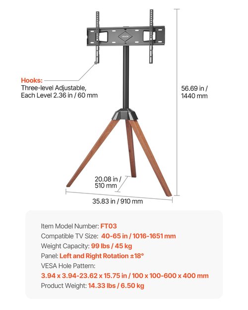 VEVOR Tripod Easel TV Stand, for 40-65 inch Flat Screen/Curved TVs Up to 99 lbs, 18° Left-Right Rotation Portable TV Stand with Oak Wood Legs, for Bedroom, Living Room, Studio, MAX VESA 600 x 400 mm