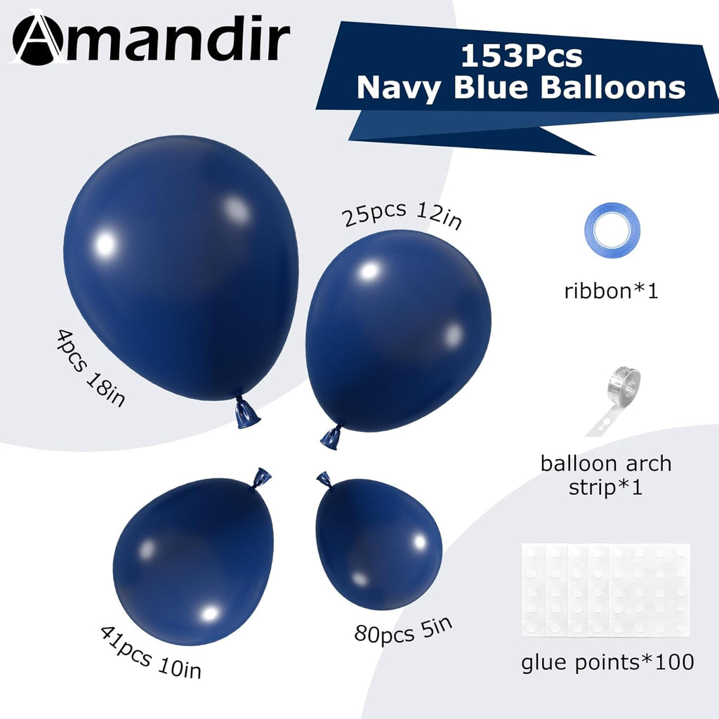 Amandir Navy Blue Balloon Arch Garland Kit - 153 Pcs in Various Sizes for Graduation, Weddings & Parties