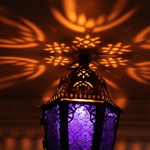 Needomo Moroccan Lantern - 13.5'' Vintage Metal Candle Holder with 14.8'' Chain | Indoor/Outdoor Decor (Purple)