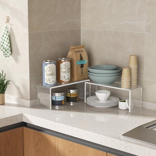 Aminigram 8 Packs Cabinet Organizer Shelf, Acrylic kitchen Cabinet Shelves, Shelf Riser for Dishes, Spices, Soda Cans and Bottles（12.4 x 4 x 4.6 inch）