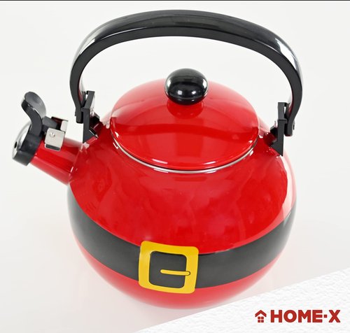 Home-X Santa Claus Whistling Tea Kettle - Porcelain Coated Stainless Steel Tea Kettle for Boiling Water - Cute Red Teapot for Stovetop - 2-Liter Capacity, 9"L x 7"W x 9"H Whistling Teapot