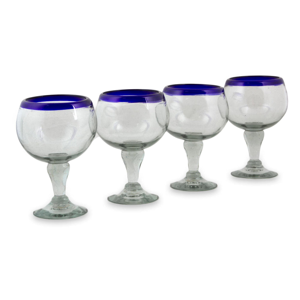 NOVICA 'Cobalt Kiss' Blown Glass Goblets (Set of 4), 7" Tall, Blue Clear