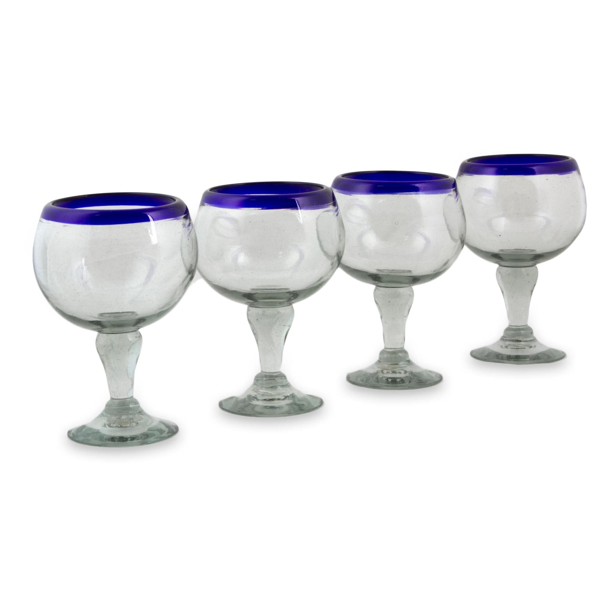 NOVICA 'Cobalt Kiss' Blown Glass Goblets (Set of 4), 7" Tall, Blue Clear