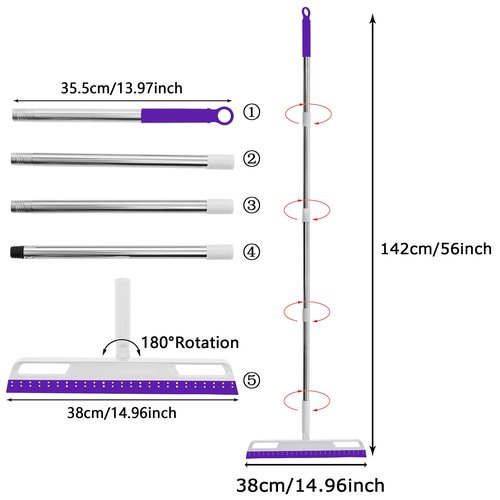 Magic Broom Multifunction Silicone Floor Squeegee, Air Broom for Floor with 56" Long Handle, 4-in-1 Rubber Sweeper for Dirt, Liquids, Pet Hair, Tile Hardwood Floors, Carpet, Living Room (Purple)