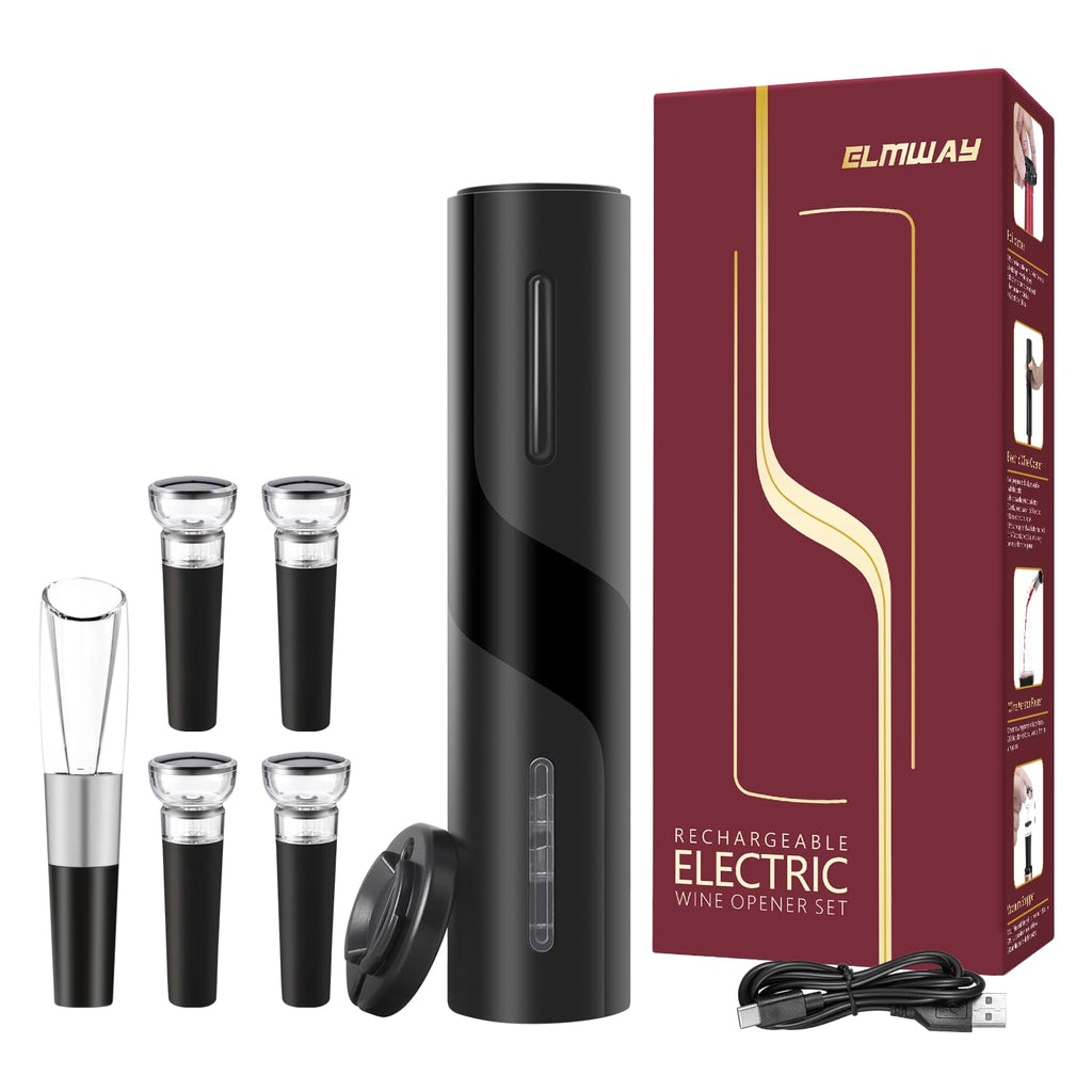 ELMWAY Electric Wine Opener Set by ELMWAY - Rechargeable Wine Bottle Opener & Corkscrew with Foil Cutter / 4 x Vacuum Stoppers/Premium Wine Aerator Pourer, Ideal Wine Gifts for Wine Lovers - Black