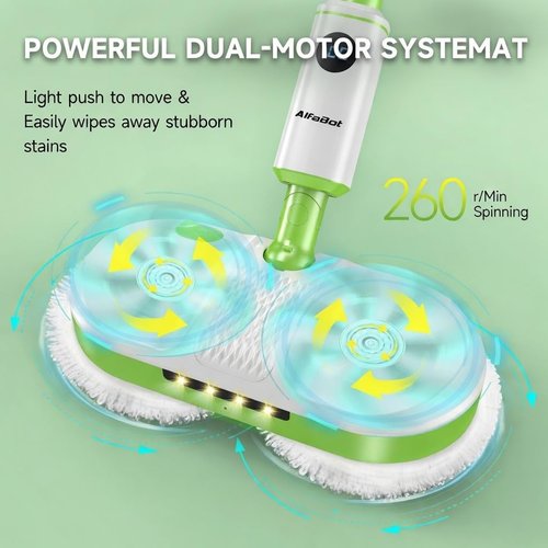 AlfaBot Cordless Electric Spin Mop, Self-Propelled Floor Cleaner with Water Spray, LED Light, Rechargeable, 2700 ft², Big Tank for Hardwood Tile Laminate
