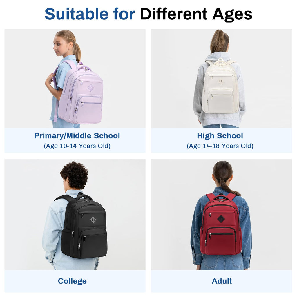 School Backpack for Girls, Lightweight Kids Bookbag for Boys Classic College Backpack for Teen Men Women with Luggage Strap, Age 8-18 Years Old, Black