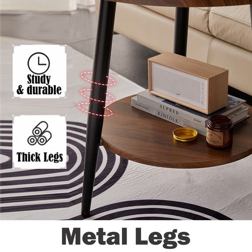 FANTERSI Small Round Side Table, 2-Tier Mid Century Modern Side Table, Round End Table Small End Table for Living Room, Metal Frames, Brown