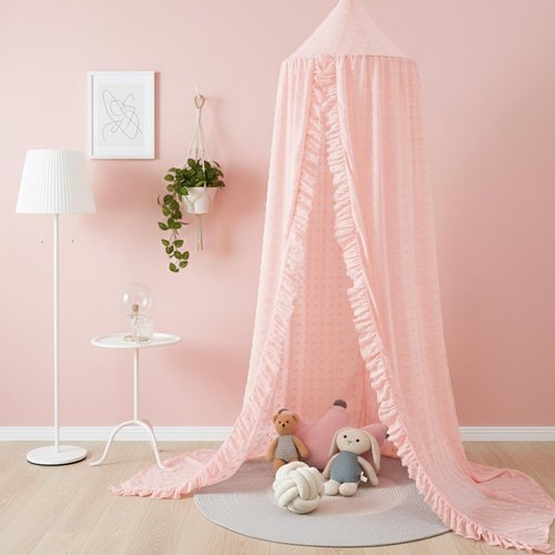 Mengesi Bed Canopy with Pom Pom- Lace Chiffon Canopy Bed Curtains, Ruffles Princess Reading Nook Play Tent for Girls Room (Beige Pink)