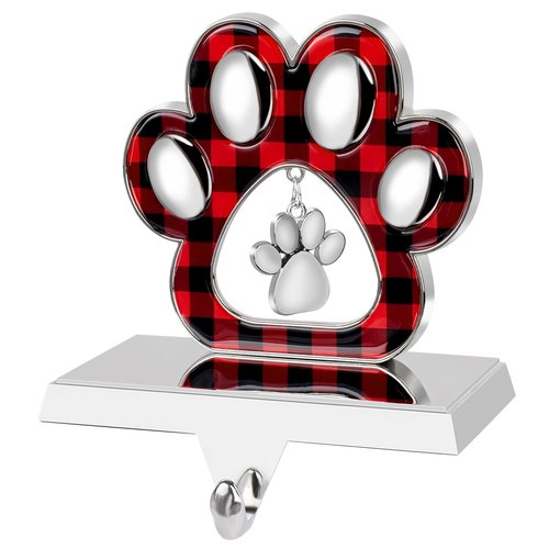 Adecortalk Dog Paw Christmas Stocking Holder with Pendant for Mantel 3D Sliver Metal Pet Paw Stocking Hanger Mantel Buffalo Plaid Stocking Holder for Dog Lover Xmas Fireplace Mantel Table Decorations