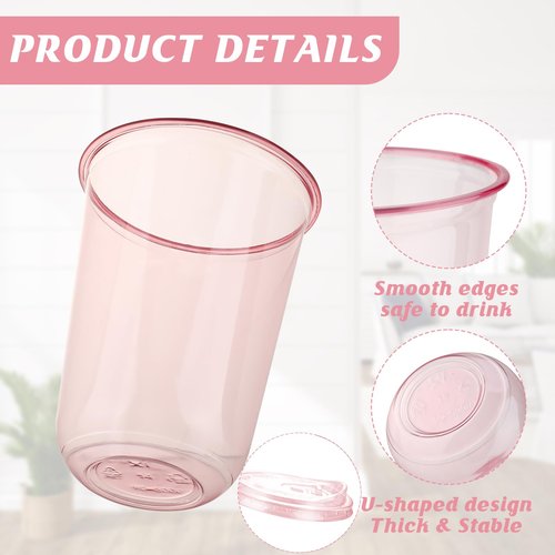 Xuelimei 16oz Disposable Stemless Glasses With Strawless Sip Lids,PET Disposable Drinking Cups,Clear Plastic Wine Glasses for Parties Birthday,Wedding,Meeting,Christmas Party Supplies (50, Pink)