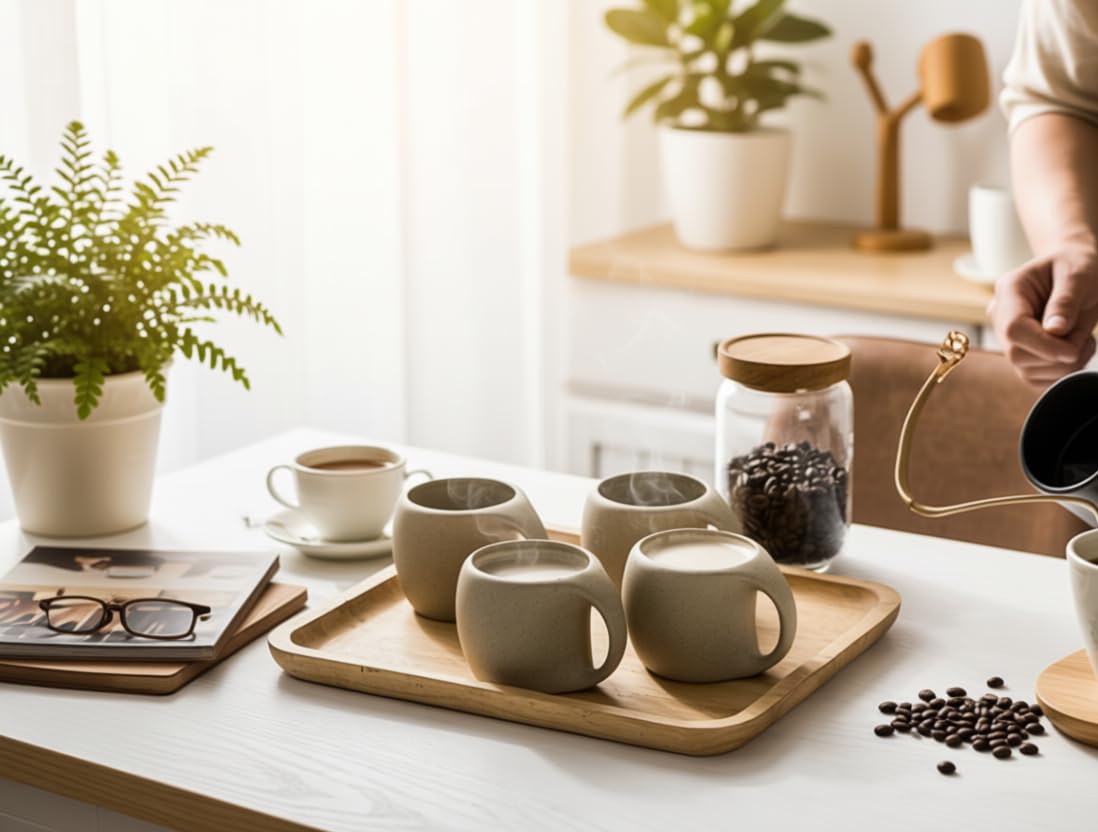 SYJAN HOME Ceramic Cappuccino Cups with Handle,6 oz Ceramic Coffee Mug Set of 4,Clay Espresso Cups for Double Shots,Small Coffee Cups for Latte,Cafe,Mocha,Tea Cups (Natural Beige,6 OZ)