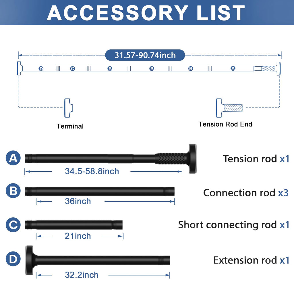 Tension Curtain Rod 32-90Inch Black Tension Rod Adjustable Curtain Rods No Drilling Spring Rods Shower Rods for Bathroom,Windows,Closets,Doorway,Patio