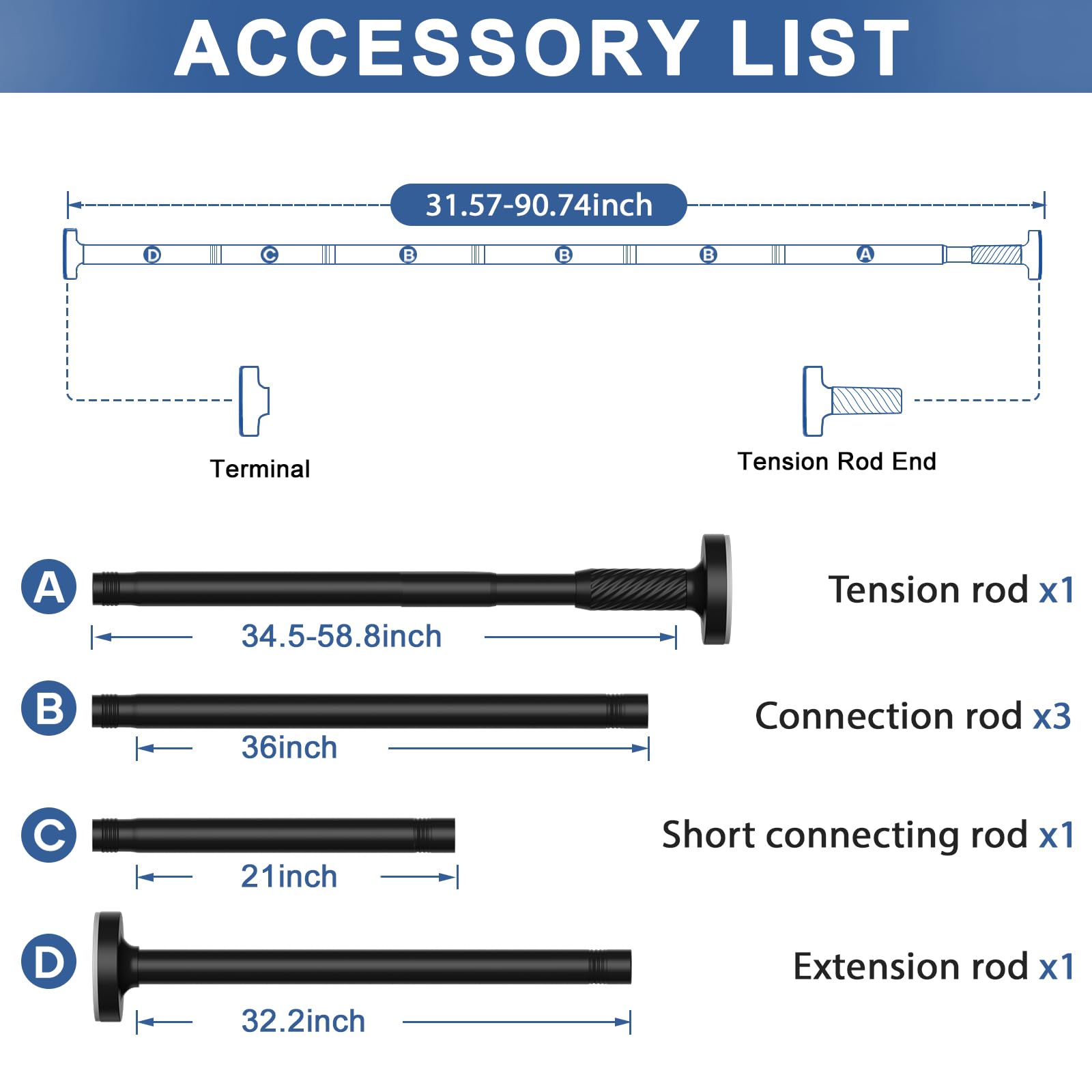 Tension Curtain Rod 32-90Inch Black Tension Rod Adjustable Curtain Rods No Drilling Spring Rods Shower Rods for Bathroom,Windows,Closets,Doorway,Patio