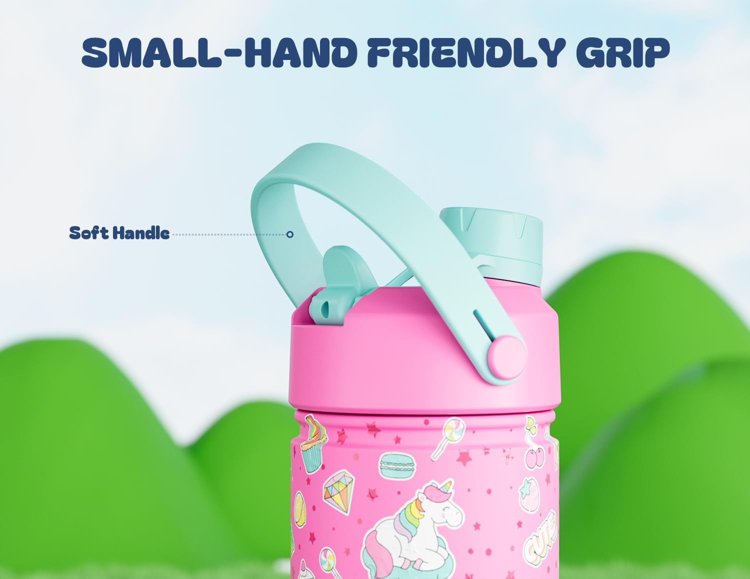 Skiennix 18 oz Kids Water Bottle - Leakproof Insulated Cup with 2-in-1 Straw Lid | Cute Unicorn Design, BPA-Free