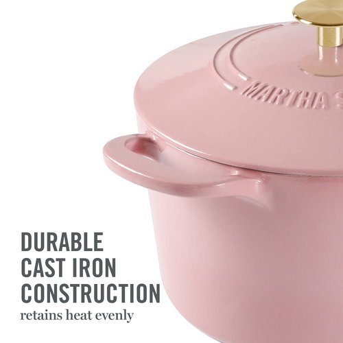MARTHA STEWART Gatwick 7-Quart Enamel Cast Iron Dutch Oven Pot with Lid – Pink – Heavy-Duty Dutch Oven for Slow Cooking, Braising & Baking
