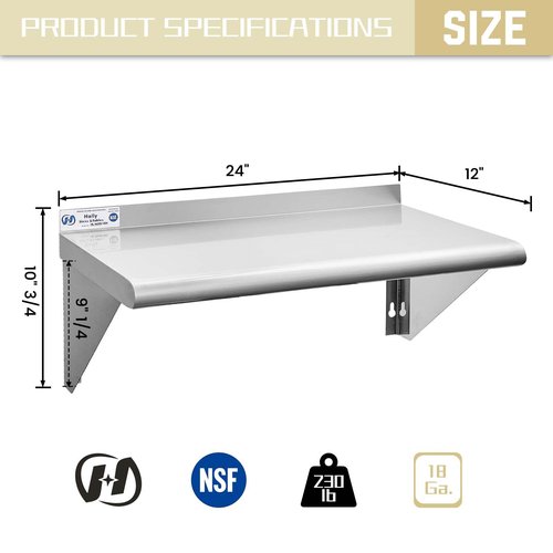 Hally Stainless Steel Shelf 12 x 24 Inches 230 lb, NSF Commercial Wall Mount Floating Shelving for Restaurant, Kitchen, Home and Hotel