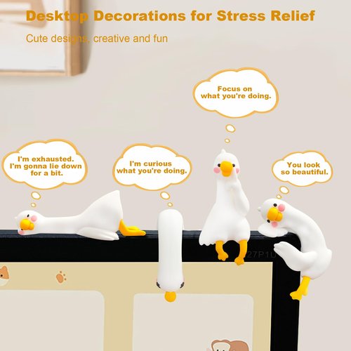CIGYPLICI 4 PCS Resin Goose Figurine Computer Monitor Decor,Cute Mini Goose Statues for Car Dashboard,Funny Desk/TV/Photo Frame Decorations (White Goose)