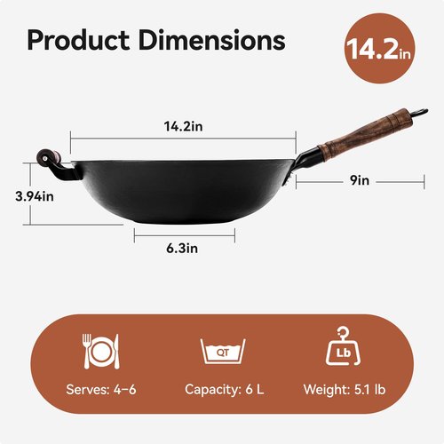 WANGYUANJI 14.2 Inch Cast Iron Wok with Wooden Lid & Handle, Flat Bottom Stir Fry Wok Pan, Turtle-Pattern Textured Uncoated Large Wok Skillet for Induction, Gas & Electric (Seasoning Required)