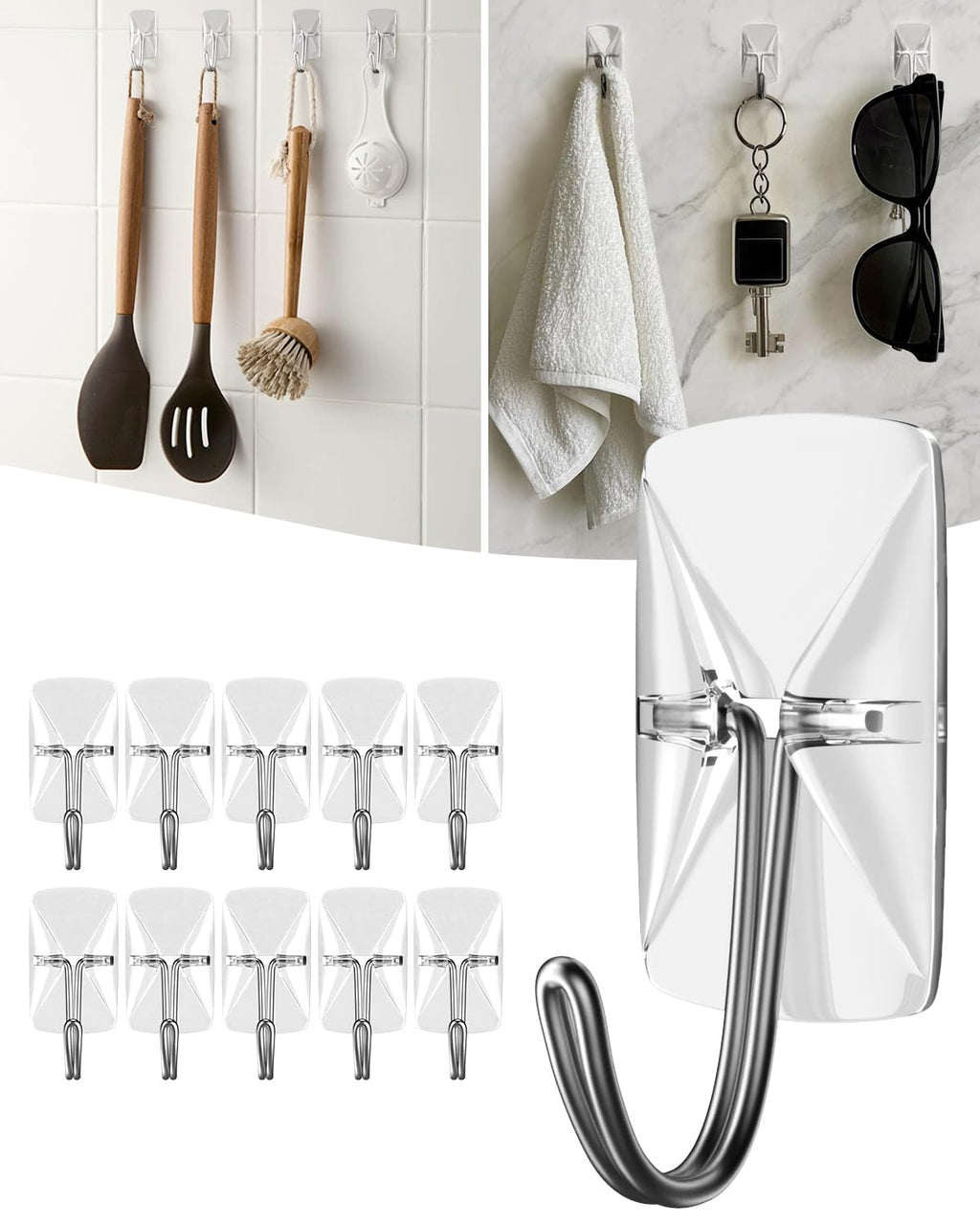 (ApeBest) Wire Toggle Hooks with Adhesive Strips: 25 Pack Small Clear Damage Free Hanging Hook - Waterproof Sticky Utility Removable Mini Wall Hooks for Key Dorm Kitchen Home Office Christmas Decor