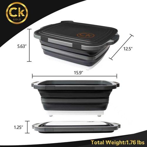 CK GOLD Collapsible BBQ Prep Tub - Includes Cutting Board, LOCKING Lid & Strong Drain Hole for Meal Prep & Marinating | BPA-Free, Food-Grade BBQ & Meat Prep Tubs, Best Grilling Gifts (Black, 8 L)
