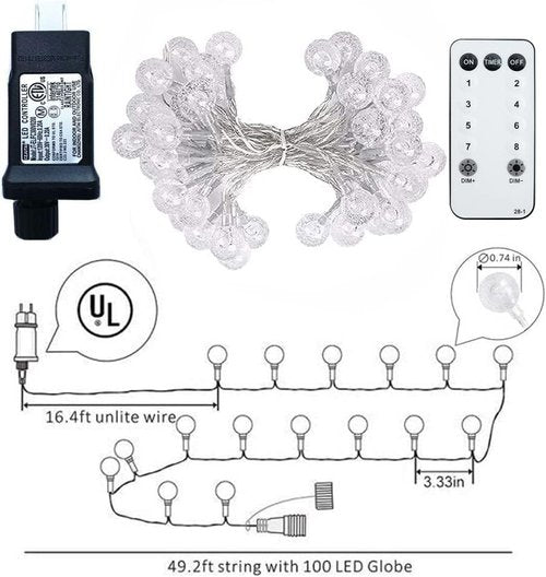 Globe String Lights - 49.2 Feet 100 LED Fairy Lights with Remote Timer | Indoor/Outdoor Decor