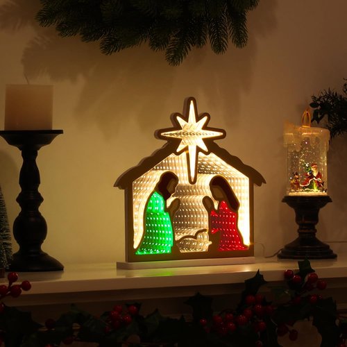 MEETYAMOR Nativity Sets for Christmas Indoor, Nativity Scene Infinity Mirror Tunnel Light, Nativity Scene with Manger for Home Living Room Mantel Table Centerpiece Christmas Decorations