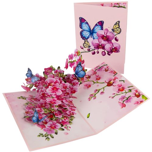 Pop Up Orchid and Butterfly Greeting Card for Birthdays, Thank You, Get Well, Mothers Day or Any Occasion. By Devine Cards