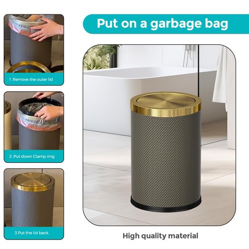 YOJIA 2.4 Gallon Bathroom Trash Can with Lid, Pu Leather Modern Garbage Can, Round Decorative Waste Basket, for Near Desk, Powder, Bedroom, Hotel, Office, Home (9L-Checked Grey)