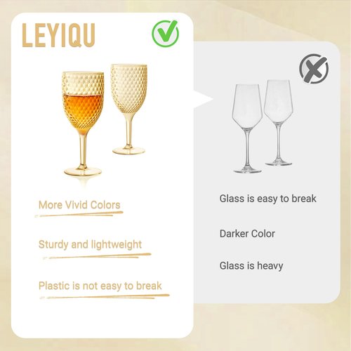 LEYIQU Plastic Wine Glasses 13oz, Acrylic Goblets Toasting Glassware, Unbreakable Cups Drinking Glasses for Bar Party, Wedding, Valentine’s Day (24, Gold)