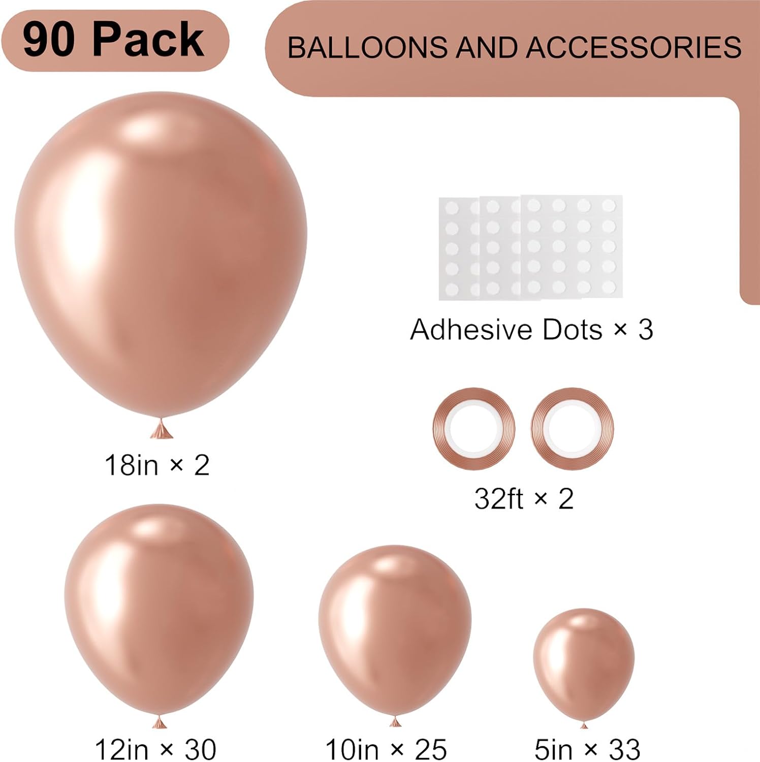 Voircoloria Rose Gold Balloon Garland Kit - 90-Pack in Various Sizes for Weddings, Graduations & Parties