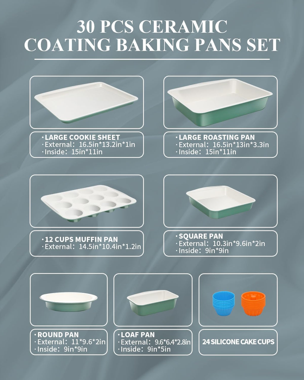 Skiennix Ceramic Nonstick Baking Pans Set - 30 PCS Stackable Bakeware, 550°F Oven Safe, Green