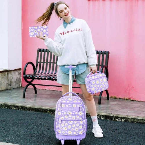 Girls Rolling Backpack, Women Roller Bookbag with Lunch Box for Adults, Water Resistant Wheeled School Bag for College Teens Kids Travel - Purple Flower