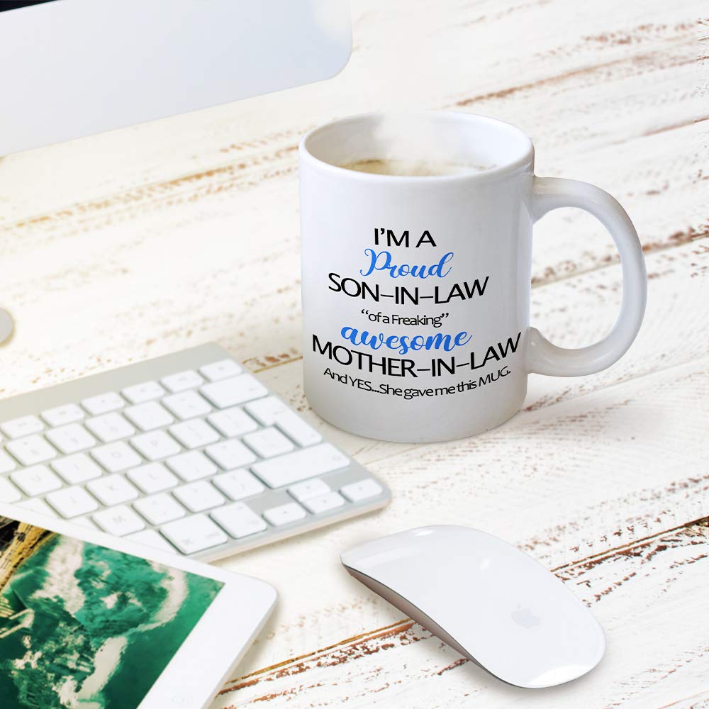 Fatbaby Funny Son In Law Coffee Mugs, Humorous Birthday Fathers Day Gift Teac Cup for Son-In-Law from Mother In Law 11oz