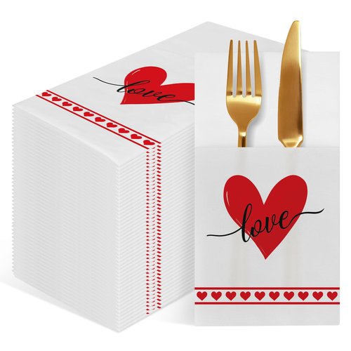 IANFEPH 50 Pack Linen-Feel Paper Napkins with Built-in Flatware Pocket, Prefolded Cloth Like Disposable Dinner Napkins Pocket for Kitchen Wedding Bridal Shower Birthday Party Decor (Valentine Love)