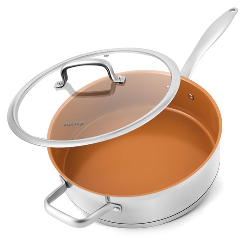 duxtop pro Ceramic Saute Pan with Lid, 5.5QT Nonstick Frying Pan without PFAS, PTFE, or PFOA, Stainless Steel Base Deep Skillet for All Cooktops, Oven & Dishwasher Compatible